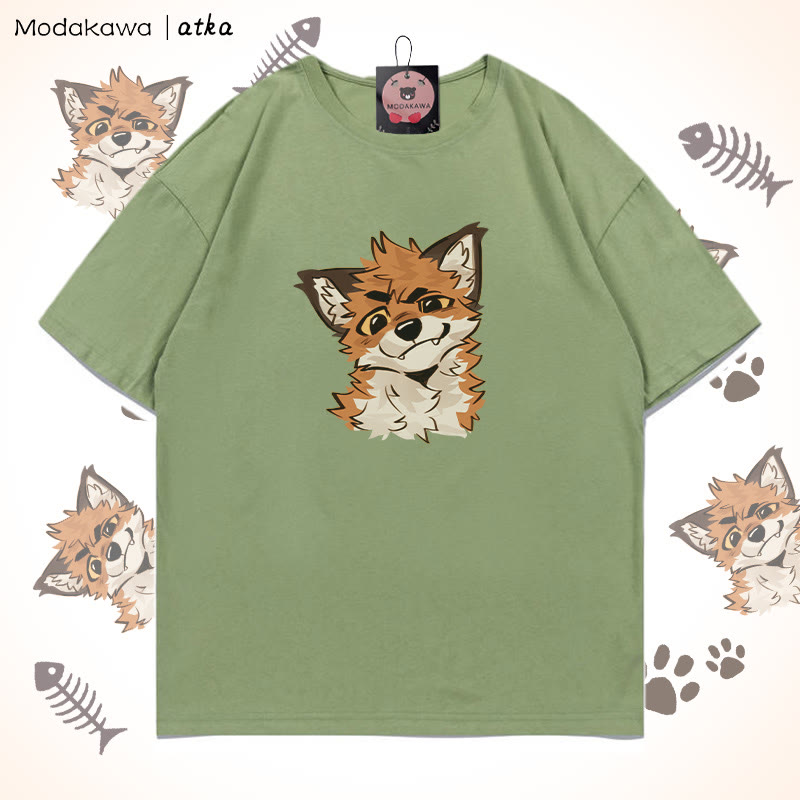 MODAKAWA X atka Funny Fox Graphic T-shirt - Green - 5XL - image 2