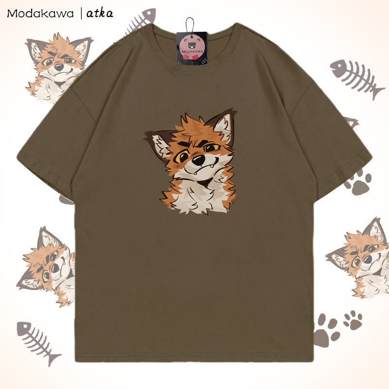 MODAKAWA X atka Funny Fox Graphic T-shirt - Brown - 5XL - image 1