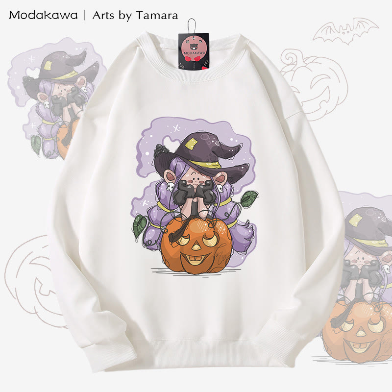 MODAKAWA X Arts by Tamara Witch Pumpkin Halloween Graphic Unisex Sweatshirt - White - 5XL - image 3