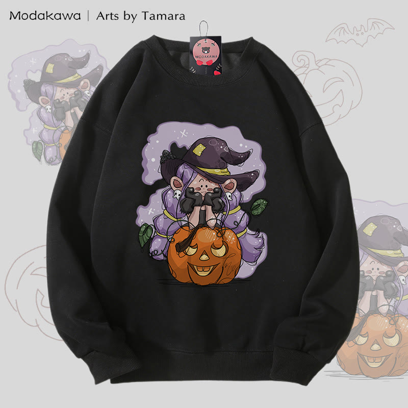 MODAKAWA X Arts by Tamara Witch Pumpkin Halloween Graphic Unisex Sweatshirt - Black - 5XL - image 4