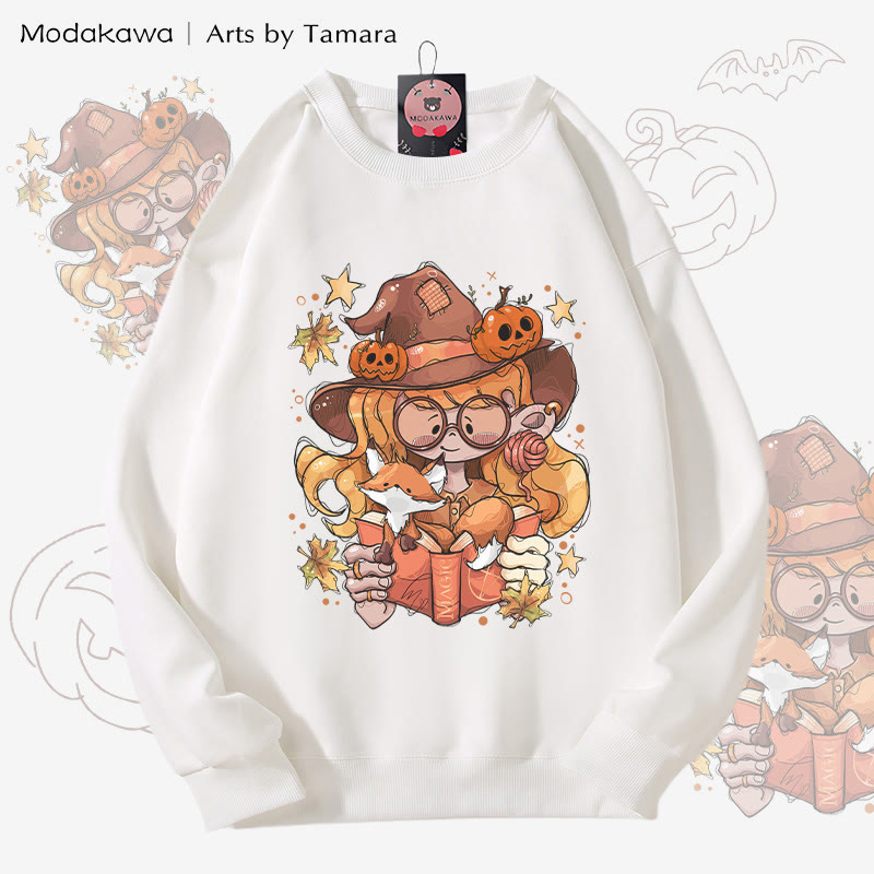 MODAKAWA X Arts by Tamara Witch And Her Fox Halloween Graphic Unisex Sweatshirt - White - 5XL - image 2