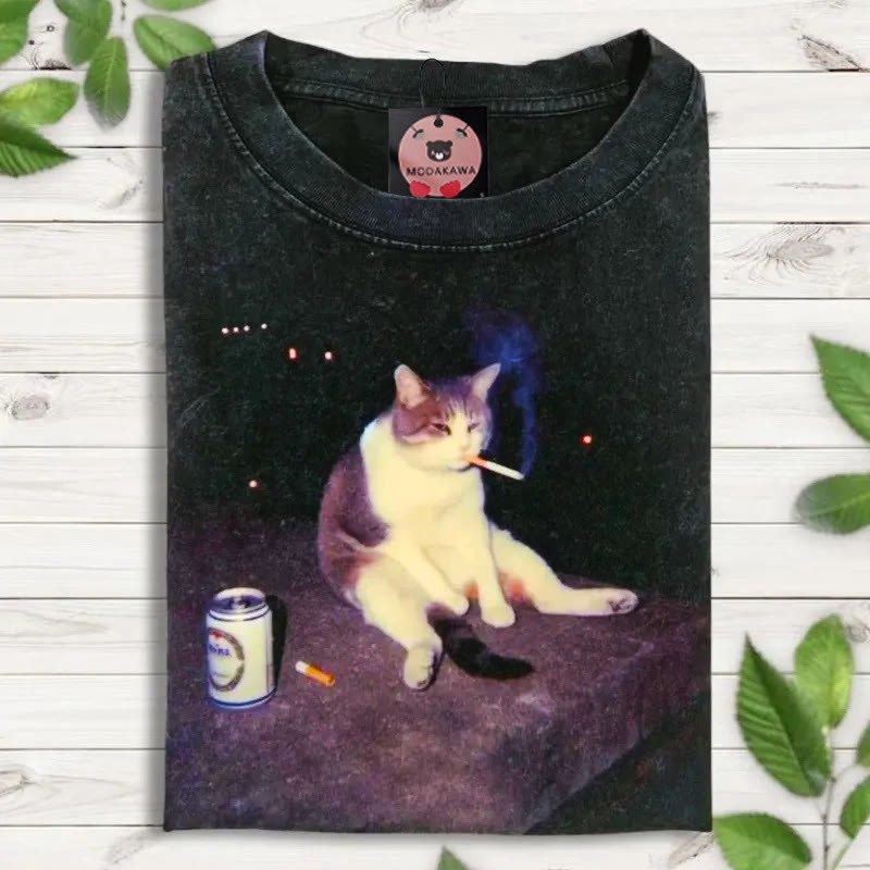 Smoking Cat Graphic Unisex Vintage Washed T-Shirt - Black - 5XL - image 1