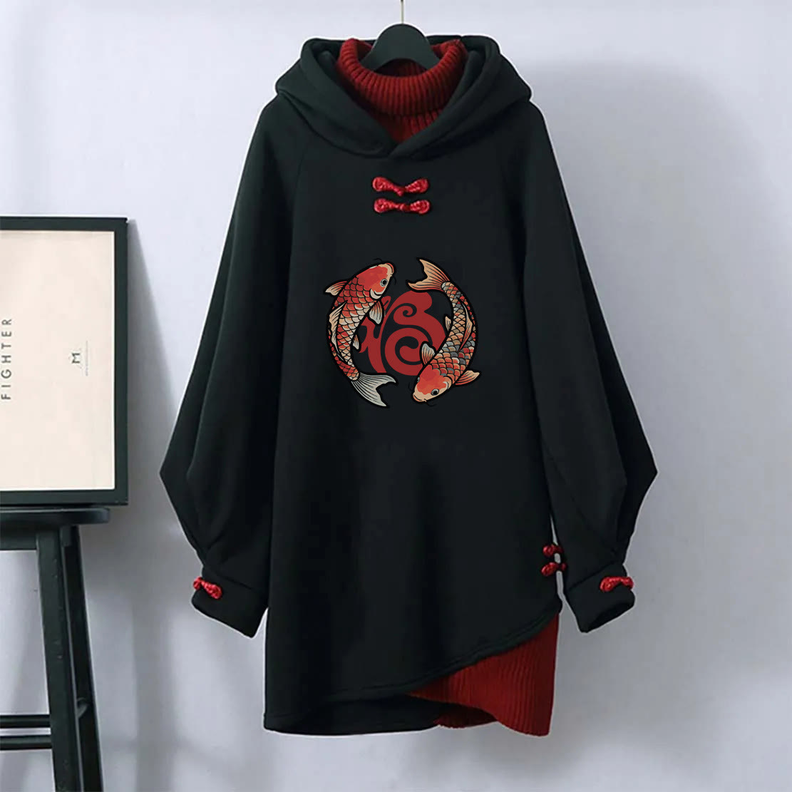 MODAKAWA Koi Fish Graphic Buckle Vintage Hooded Sweatshirt Dress - Black - 3XL - image 1