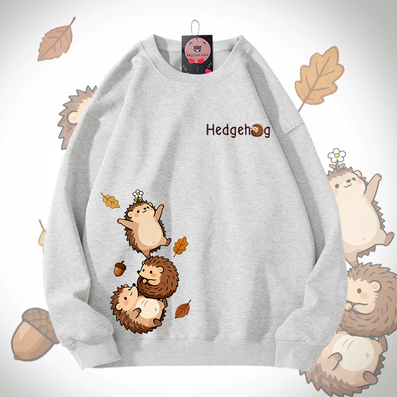 MODAKAWA Cheerful Hedgehog Graphic Unisex Sweatshirt - Grey - 5XL - image 2