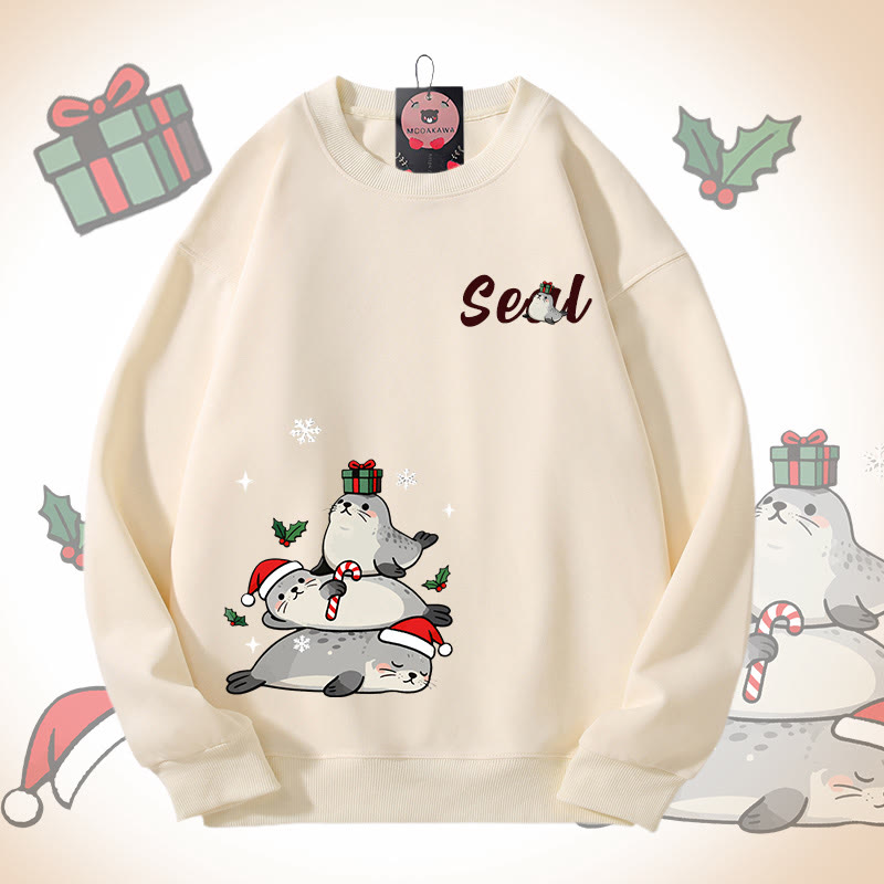 MODAKAWA Christmas Seal Graphic Unisex Sweatshirt - Beige - 5XL - image 2