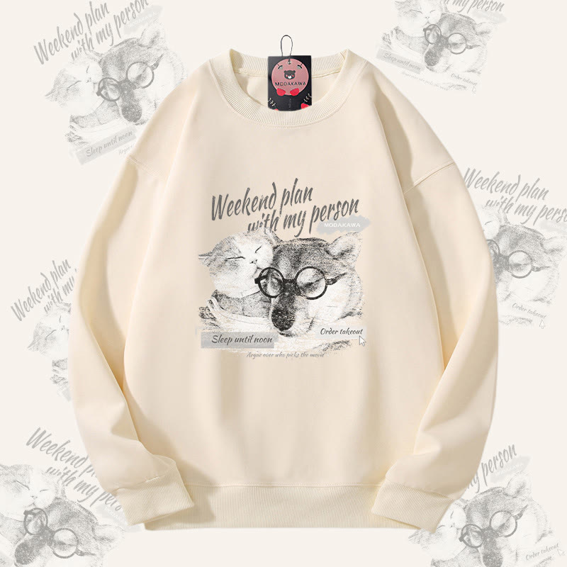 MODAKAWA WEEKEND PLAN WITH MY PERSON Puppy Kitty Graphic Unisex Sweatshirt - Beige - 5XL - image 1