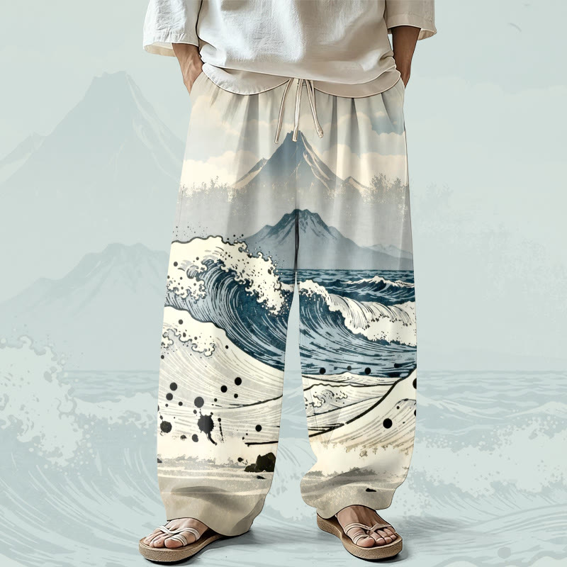 MODAKAWA Wave And Mountain All Over Print Wide Leg Pants - Blue - 4XL - image 1