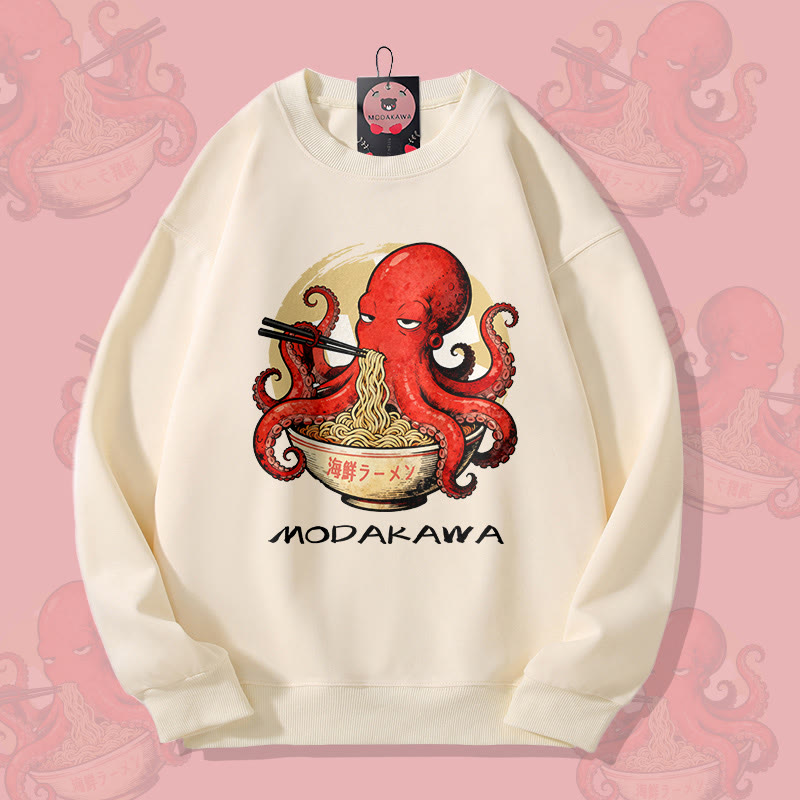 MODAKAWA Octopus Eating Ramen Graphic Unisex Sweatshirt - Beige - 5XL - image 2