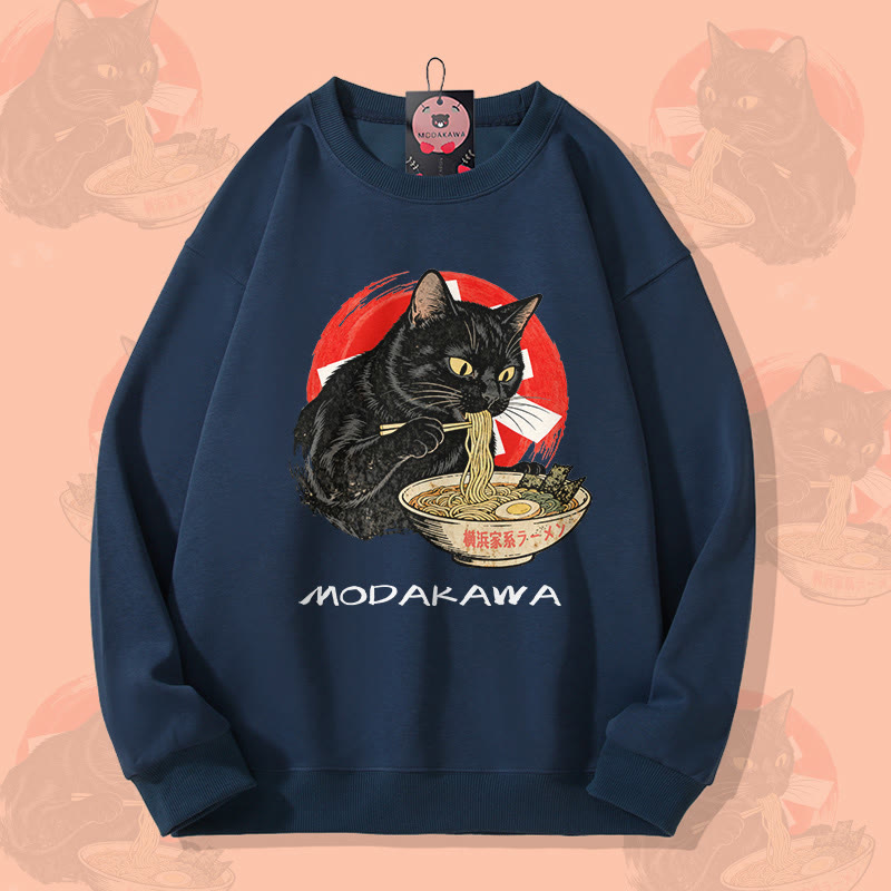 MODAKAWA Black Cat Eating Ramen Graphic Unisex Sweatshirt - Purplish Blue - 5XL - image 2
