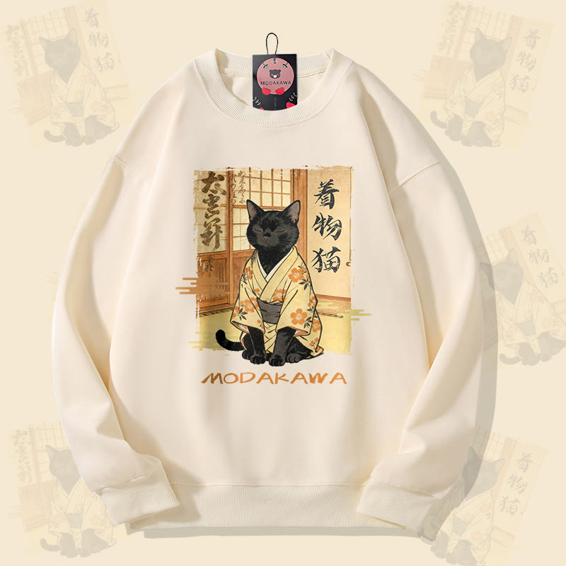 MODAKAWA Kimono Cat Graphic Unisex Sweatshirt - Beige - 5XL - image 1