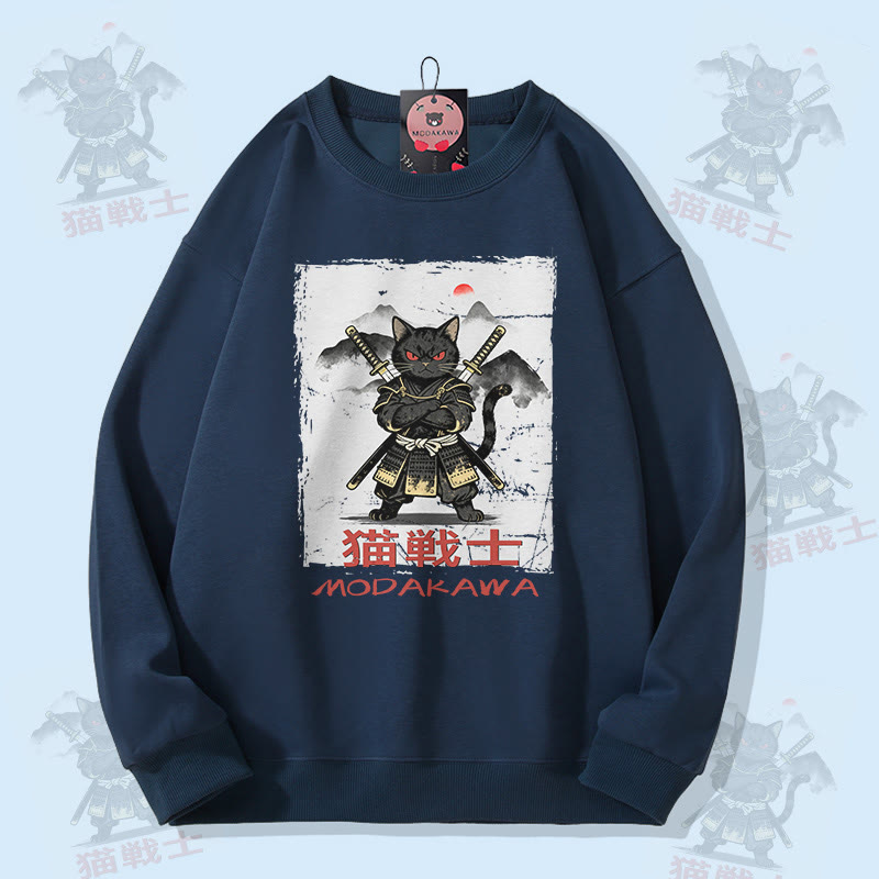 MODAKAWA Samurai Cat Graphic Unisex Sweatshirt - Purplish Blue - 5XL - image 1
