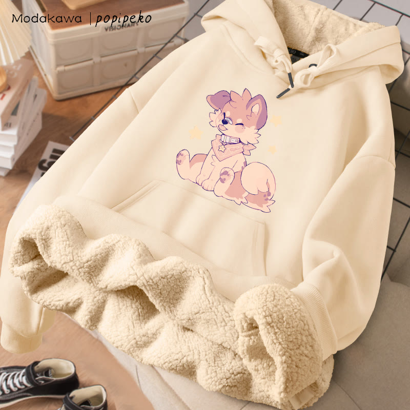 MODAKAWA X popipeko Tongue-out Puppy Graphic Thick Fleece Lined Winter Hoodie - Apricot - 2XL - image 2