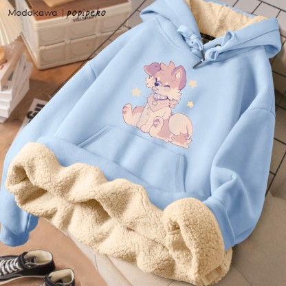 MODAKAWA X popipeko Tongue-out Puppy Graphic Thick Fleece Lined Winter Hoodie - Blue - 2XL - image 1