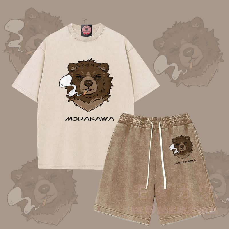 MODAKAWA Smoking Bear Graphic Vintage Washed T-shirt Shorts Two Pieces Set - Apricot&Brown - 3XL - image 1