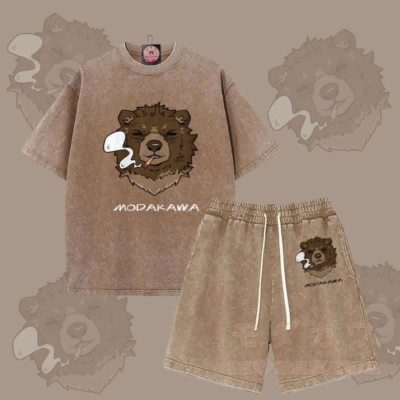 MODAKAWA Smoking Bear Graphic Vintage Washed T-shirt Shorts Two Pieces Set - Brown - 3XL - image 9