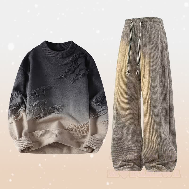 Gradient Knit Ripped Sweater Fleece Lined Pants Two Pieces - Set B - 4XL - image 2