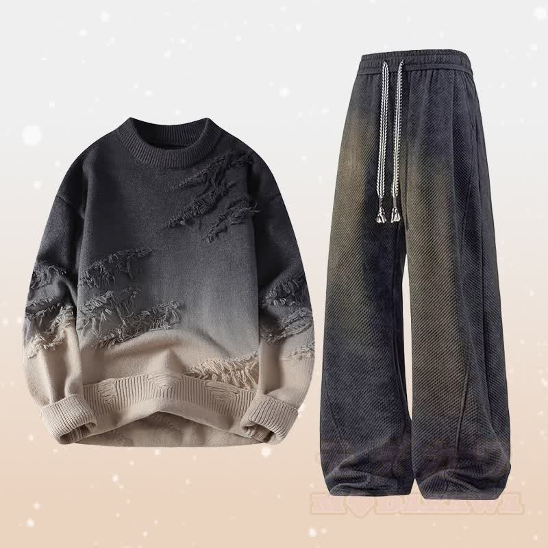 Gradient Knit Ripped Sweater Fleece Lined Pants Two Pieces - Set A - 4XL - image 1