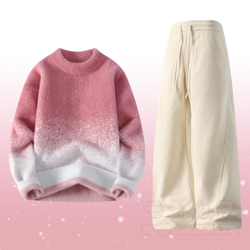 Gradient Knit Fuzzy Sweater Corduroy Pants Two Pieces - Set A - 4XL - image 1