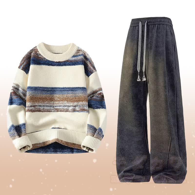 Stripe Knit Sweater Fleece Lined Pants Two Pieces - Set B - 4XL - image 2