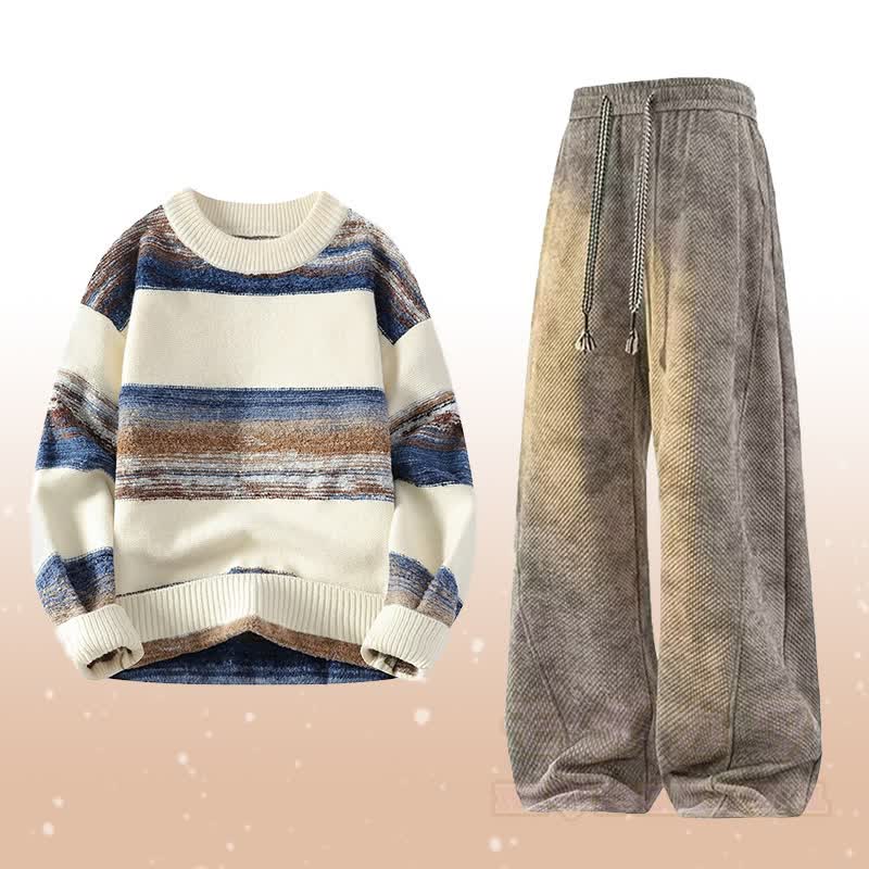 Stripe Knit Sweater Fleece Lined Pants Two Pieces - Set A - 4XL - image 1