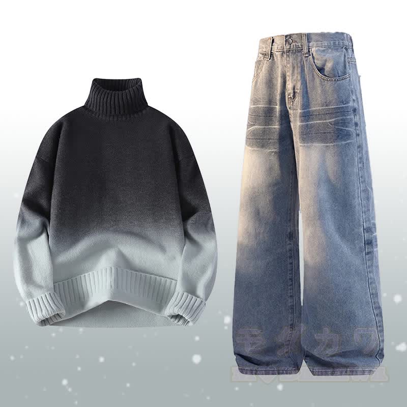 Gradient Knit Turtleneck Sweater Denim Pants Two Pieces - Set B - 3XL - image 2