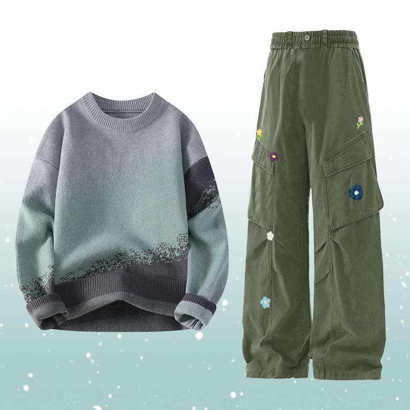 Gradient Knit Sweater Flower Cargo Pants Two Pieces - Set A - 2XL - image 1