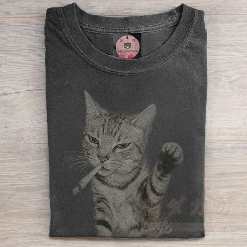MODAKAWA Smoking Cat Graphic Unisex Vintage Washed T-shirt - Black - 5XL - image 1