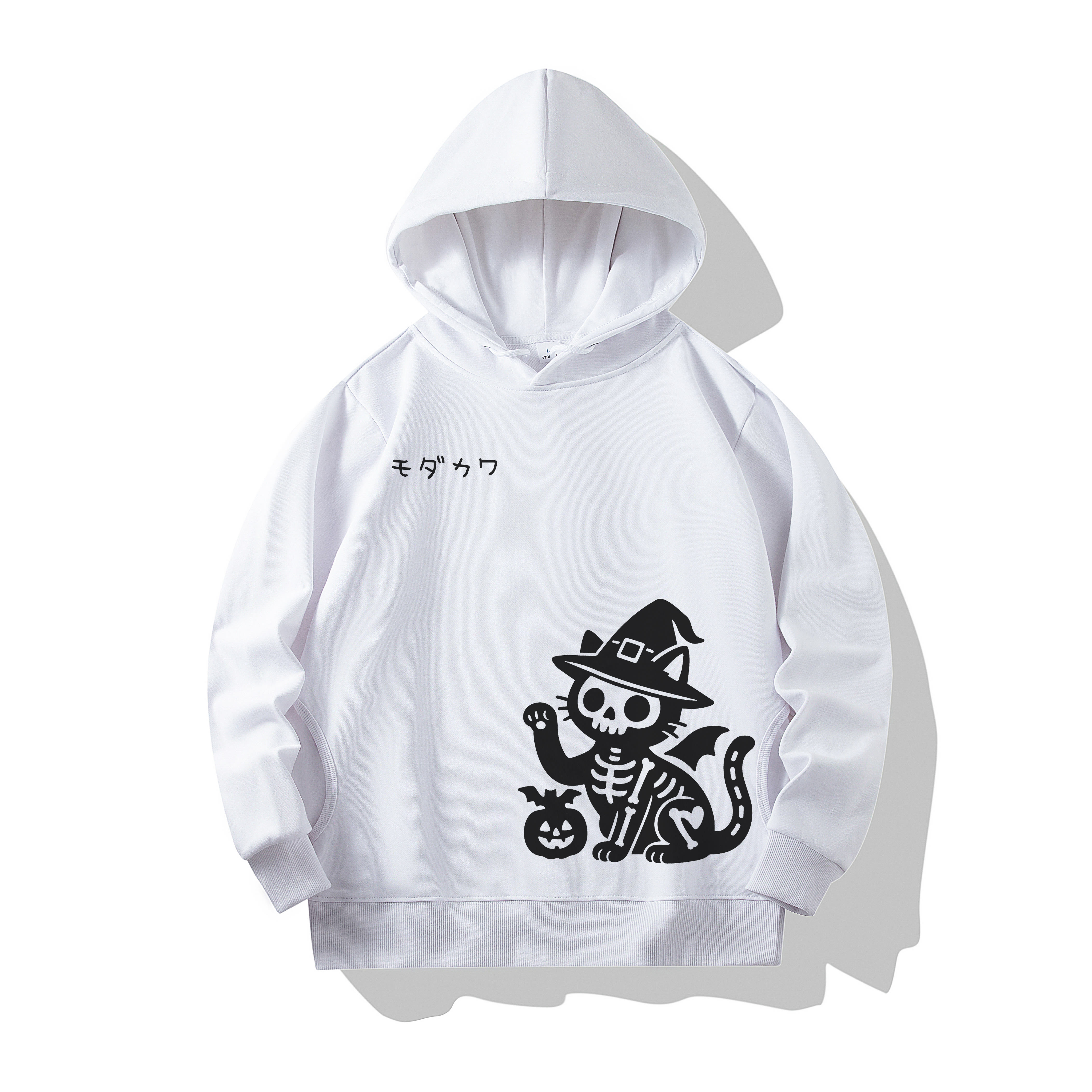MODAKAWA Skeleton Cat Witch Halloween Graphic Cotton Hoodie With Side Pockets - White - 4XL - image 3