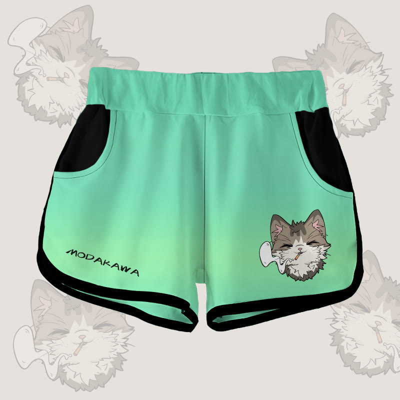 MODAKAWA Gradient Smoking Cat Graphic Shorts - Green - 5XL - image 1