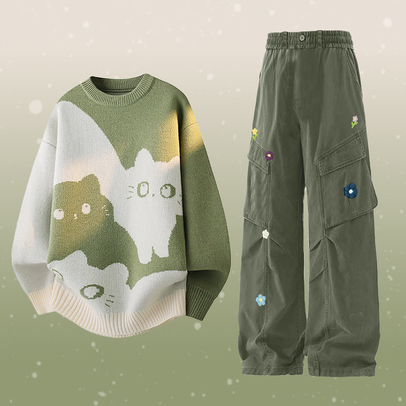 Kitty Knit Sweater Flower Cargo Pants Two Pieces - Set A - 2XL - image 1