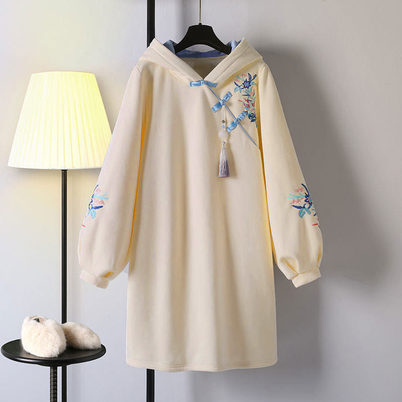 Embroidery Loose Hoodie Vintage Sweatshirt Dress - Apricot - 4XL - image 2