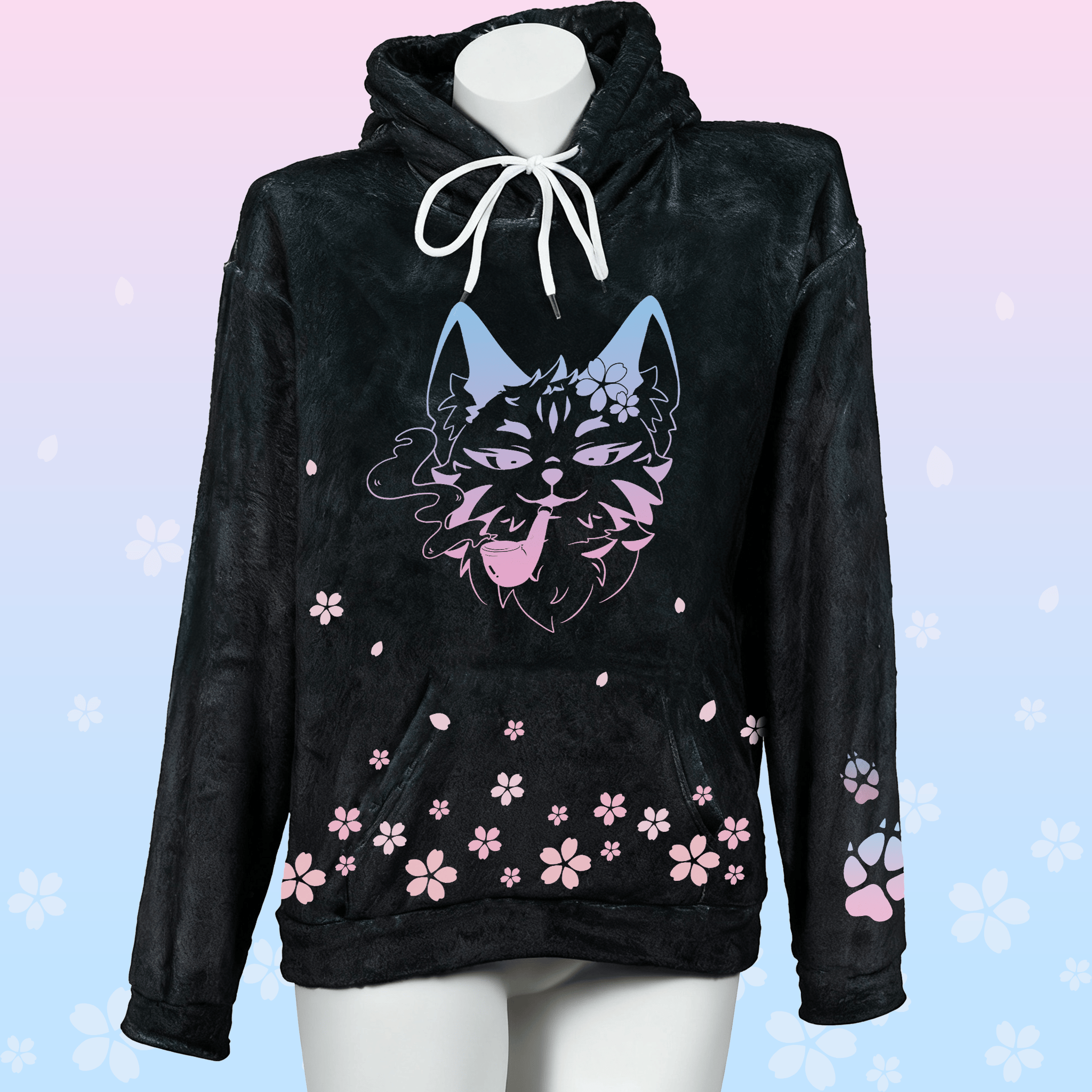MODAKAWA Smoking Sakura Cat Graphic Plush Hoodie with Bunny Ears - Black - 4XL - image 1