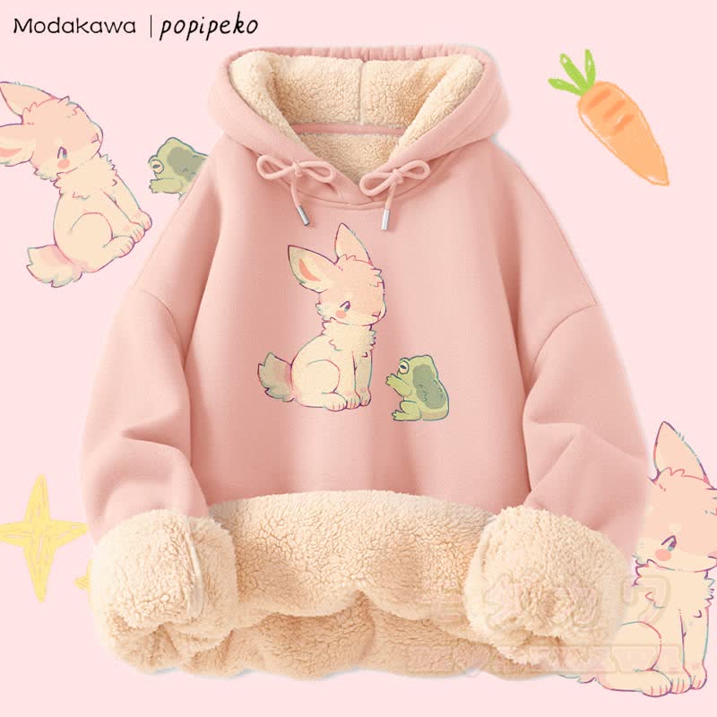 MODAKAWA X popipeko Bunny And Frog Graphic Thick Fleece Lined Winter Hoodie - Pink - 2XL - image 2