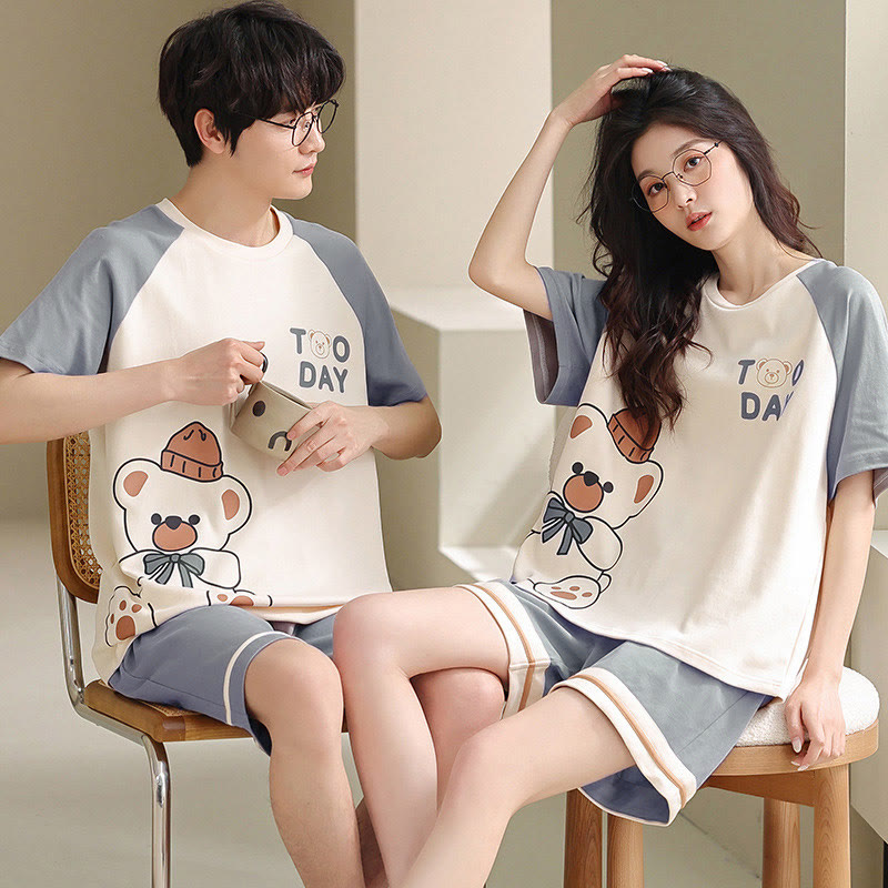 Girlfriend Boyfriend Cartoon Bear Print Colorblock Pajamas Set - A - Men - 3XL - image 1