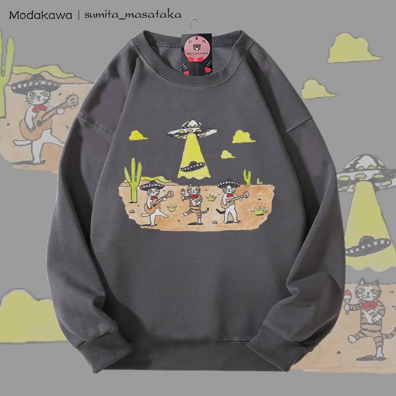 MODAKAWA X sumita_masataka Cat Band And The UFO Graphic Unisex Sweatshirt - Dark Grey - 5XL - image 1