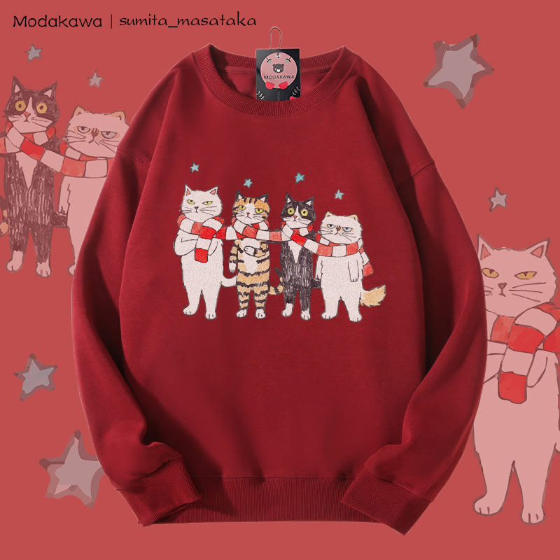 MODAKAWA X sumita_masataka Scarf Sharing Cats Graphic Unisex Sweatshirt - Wine Red - 5XL - image 1