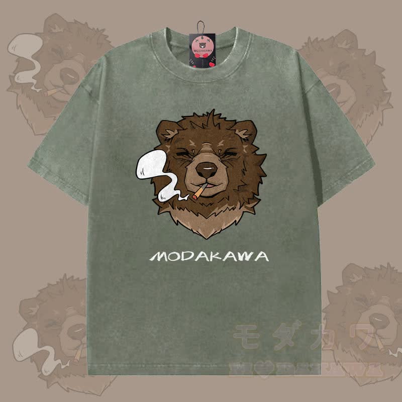 MODAKAWA Smoking Bear Graphic Unisex Vintage Washed T-shirt - Dark Green - 5XL - image 2