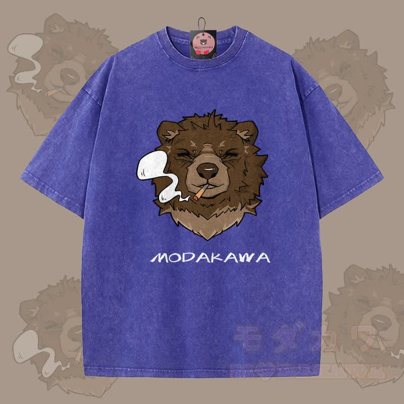 MODAKAWA Smoking Bear Graphic Unisex Vintage Washed T-shirt - Blue - 5XL - image 3