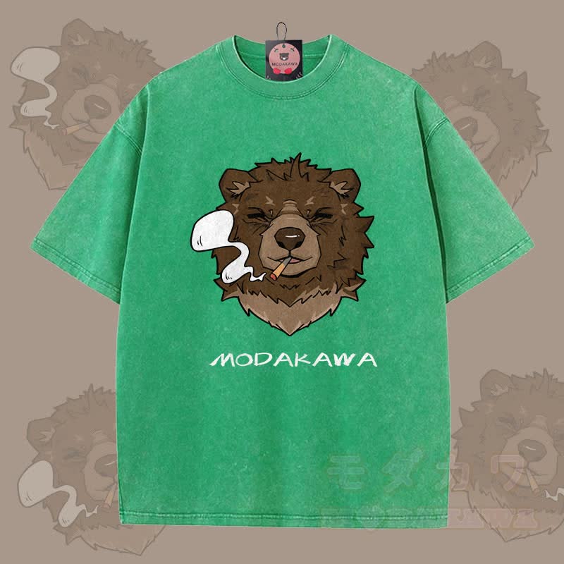 MODAKAWA Smoking Bear Graphic Unisex Vintage Washed T-shirt - Green - 5XL - image 1