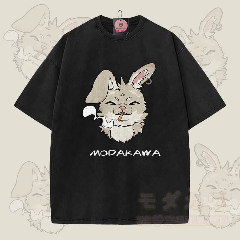 MODAKAWA Nabi Smoking Graphic Unisex Vintage Washed T-shirt - Black - 5XL - image 9