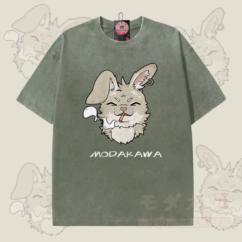 MODAKAWA Nabi Smoking Graphic Unisex Vintage Washed T-shirt - Dark Green - 5XL - image 2