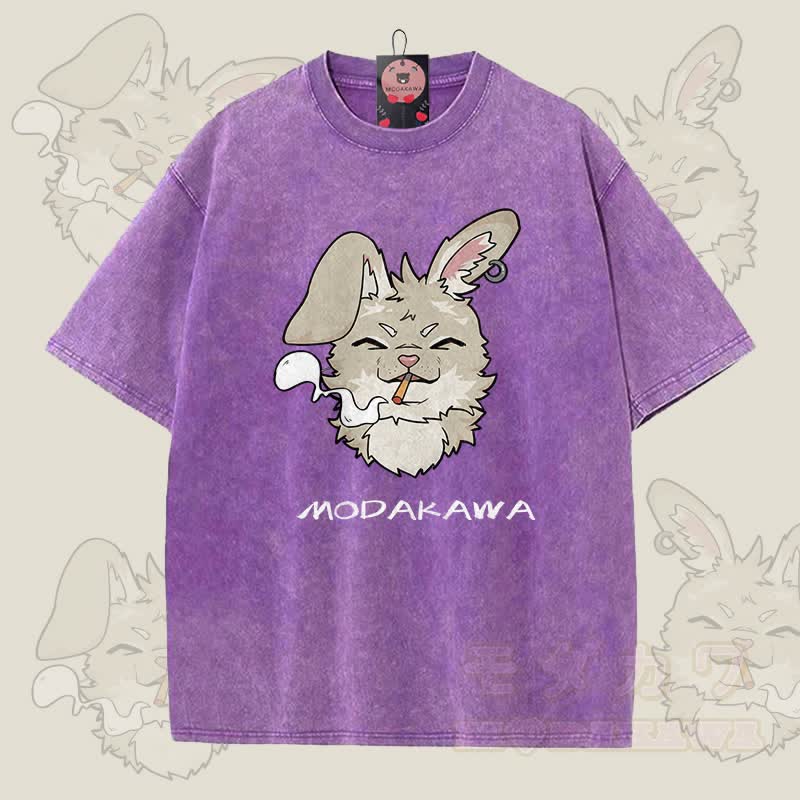 MODAKAWA Nabi Smoking Graphic Unisex Vintage Washed T-shirt - Purple - 5XL - image 1