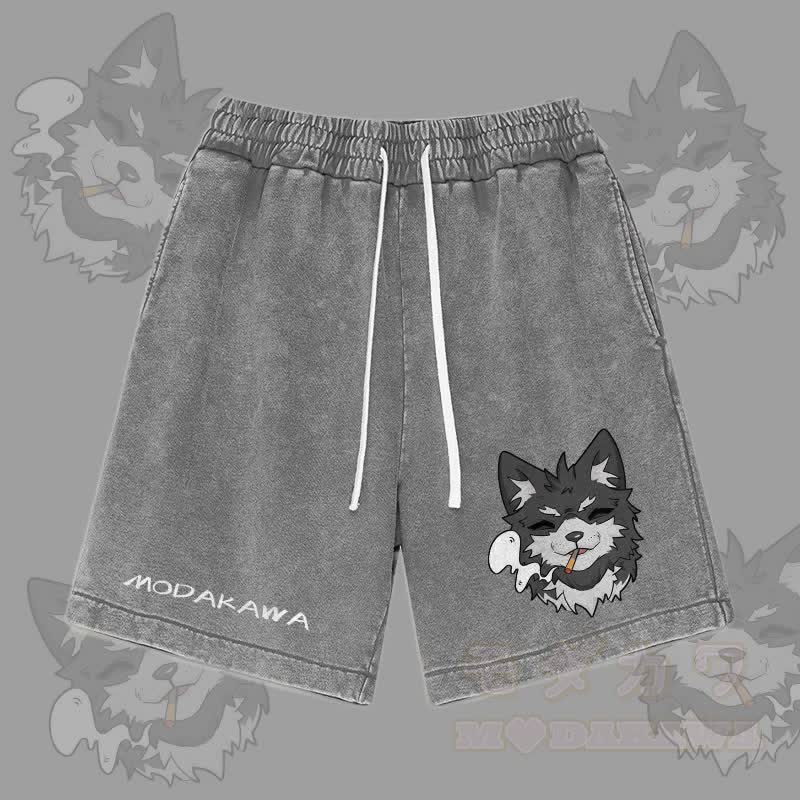 MODAKAWA Koda Smoking Graphic Vintage Washed Streetwear Shorts - Grey - 3XL - image 2