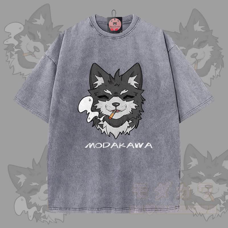 MODAKAWA Koda Smoking Graphic Unisex Vintage Washed T-shirt - Grey - 5XL - image 1