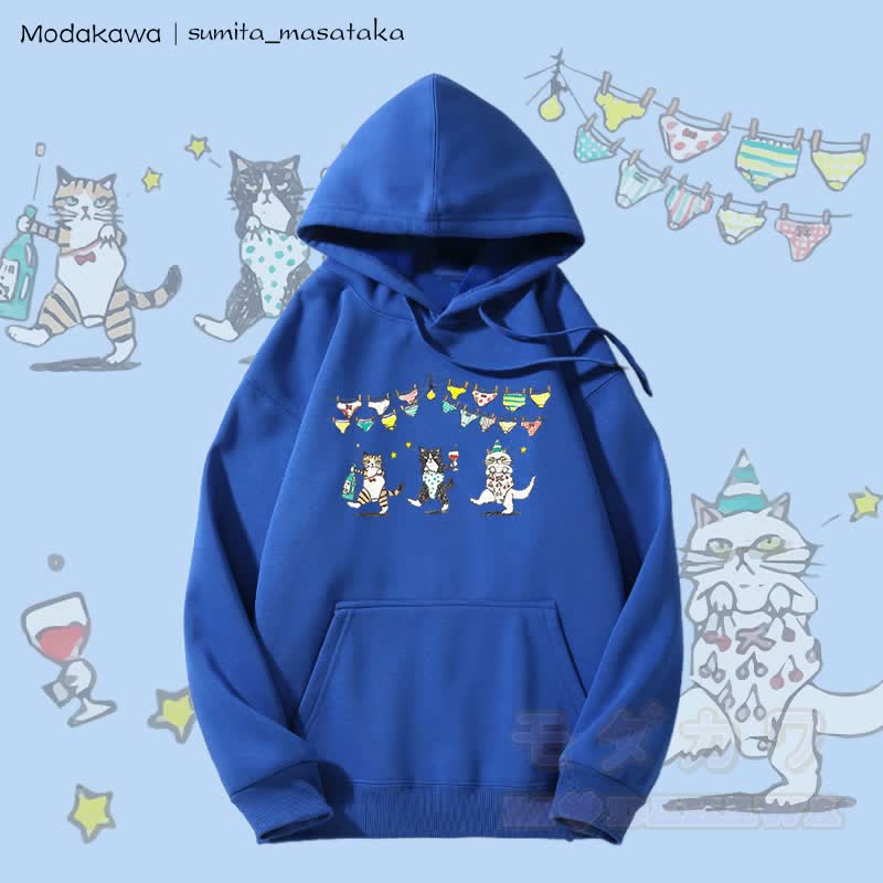 MODAKAWA X sumita_masataka Tipsy Party Cats Graphic Fleece Lined Hoodie - Blue - 5XL - image 2
