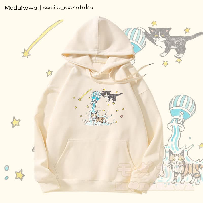 MODAKAWA X sumita_masataka Water Pouring Cats Graphic Fleece Lined Hoodie - Beige - 5XL - image 2
