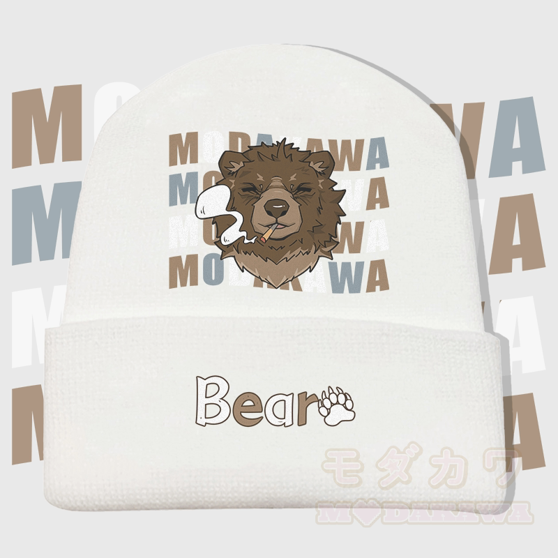 MODAKAWA Smoking Bear Graphic Knitted Hat - White - 36-60 cm - image 3