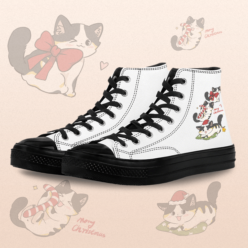 MODAKAWA Christmas Kitty Graphic High Top Canvas Shoes - White A - 45 - image 1
