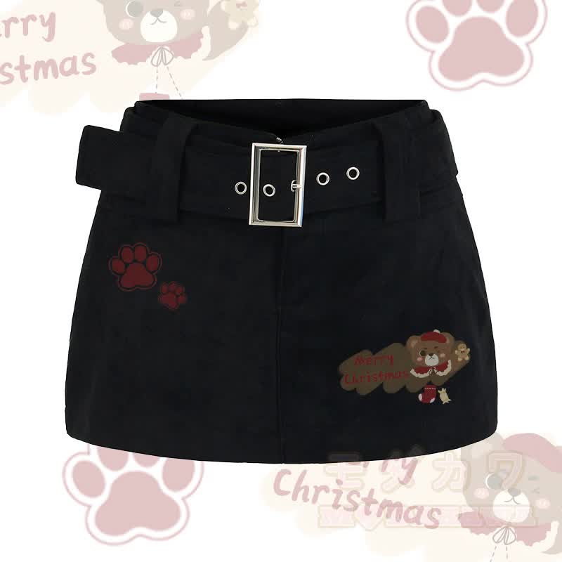MODAKAWA Bear Holding Gingerbread Graphic Belted Mini Skirt - Black - L - image 2