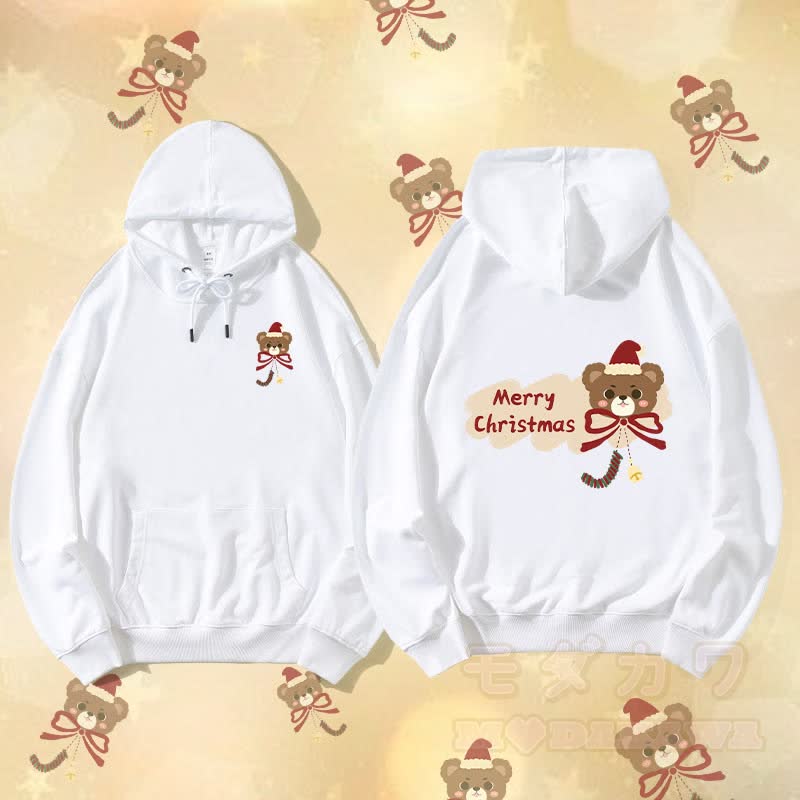 MODAKAWA Christmas Bow Bear Graphic Streetwear Pullover Hoodie - White - 5XL - image 2